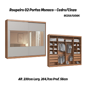 Roupeiro 02 Portas de Correr Monaco c/ Espelho G - 9525A - Cedro/Cinza - Moveis Castro