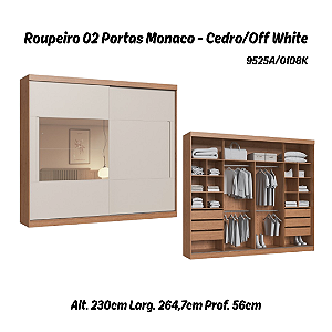 Roupeiro 02 Portas de Correr Monaco c/ Espelho P - 9525A - Cedro/Off White - Moveis Castro