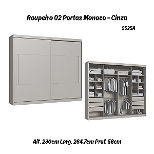 Roupeiro 02 Portas de Correr Monaco - 9525A - Cinza - Moveis Castro