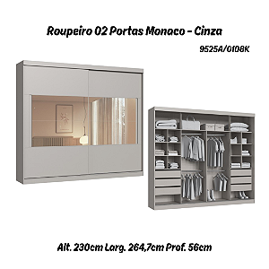 Roupeiro 02 Portas de Correr Monaco c/ Espelho G - 9525A - Cinza - Moveis Castro