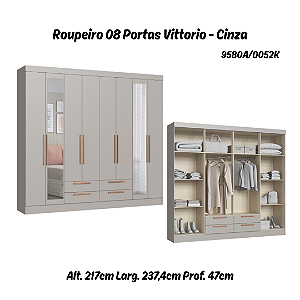 Roupeiro 08 Portas Vittorio c/ Espelho G - 9580A - Cinza - Moveis Castro