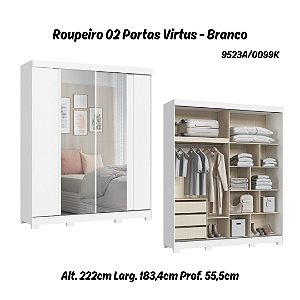 Roupeiro 02 Portas Virtus c/ Porta Espelho G - 9523A - Branco - Moveis Castro