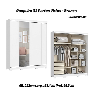 Roupeiro 02 Portas Virtus c/ Porta Espelho P - 9523A - Branco - Moveis Castro