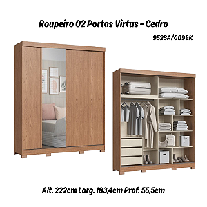 Roupeiro 02 Portas Virtus c/ Porta Espelho P - 9523A - Cedro - Moveis Castro