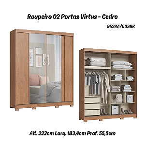 Roupeiro 02 Portas Virtus c/ Porta Espelho G - 9523A - Cedro - Moveis Castro