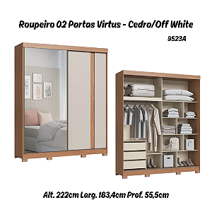 Roupeiro 02 Portas Virtus c/ Porta Espelho - 9523A - Cedro/Off White - Moveis Castro
