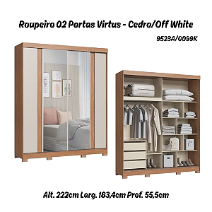 Roupeiro 02 Portas Virtus c/ Porta Espelho G - 9523A - Cedro/Off White - Moveis Castro