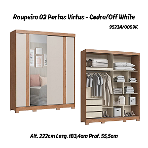 Roupeiro 02 Portas Virtus c/ Porta Espelho P - 9523A - Cedro/Off White - Moveis Castro