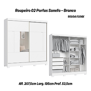 Roupeiro 02 Portas de Correr Soneto c/ Espelho P - 9500A - Branco - Moveis Castro