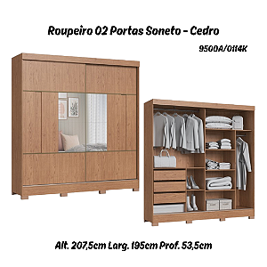 Roupeiro 02 Portas de Correr Soneto c/ Espelho G - 9500A - Cedro - Moveis Castro