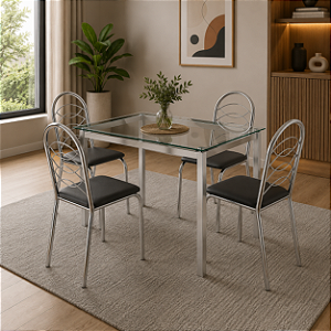 Conjunto Mesa Reno 90cm c/ Vidro + 04 Cadeiras Holanda - Kappesberg Crome