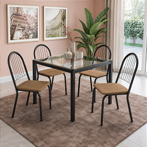 Conjunto Mesa Reno 90cm c/ Vidro + 04 Cadeiras Noruega - Kappesberg Crome