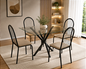 Conjunto Mesa Volga 90cm c/ Vidro + 04 Cadeiras Noruega - Kappesberg Crome