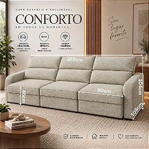 Sofá Retratil e Reclinável Niro 322cm - Estofados Rincão