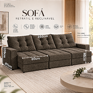 Sofá Retrátil e Reclinável Sandero 292cm - Estofados Rincão