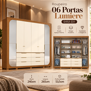 Roupeiro 265cm 06 Portas Lumiere - Ref. D352-221 - Cinamomo/Off White - Móveis Henn