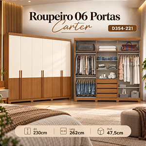 Roupeiro 262cm 06 Portas Carter - Ref. D354-221 - Cinamomo/Off White - Móveis Henn