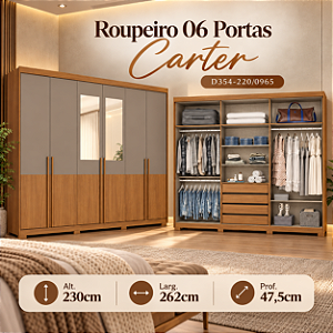 Roupeiro 262cm 06 Portas Carter c/ Espelho - Ref. D354-220 - Cinamomo/Avela - Móveis Henn