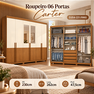 Roupeiro 262cm 06 Portas Carter c/ Espelho - Ref. D354-221 - Cinamomo/Off White - Móveis Henn