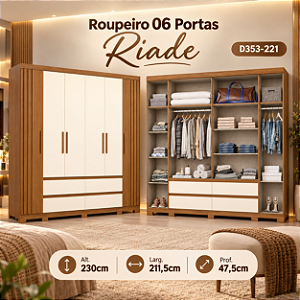 Roupeiro 211,5cm 06 Portas Riade - Ref. D353-221 - Cinamomo/Off White - Móveis Henn