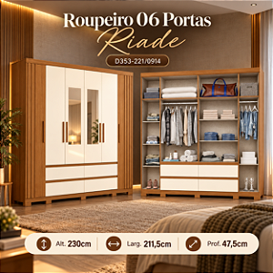 Roupeiro 211,5cm 06 Portas Riade c/ Espelho - Ref. D353-221 - Cinamomo/Off White - Móveis Henn