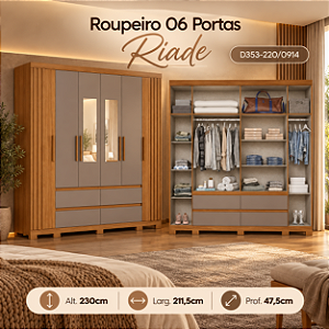 Roupeiro 211,5cm 06 Portas Riade c/ Espelho - Ref. D353-220 - Cinamomo/Avela - Móveis Henn