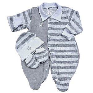 Macacão em Plush Cinza Listrado + Touca + Luvas