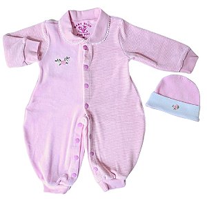 Macacão em Plush Rosa Listrado + Touca