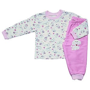 Conjunto Moletinho Flanelado Gatinhos Rosa - Blusa e Calça