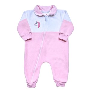 Macacão MicroSoft Branco e Rosa - Zíper