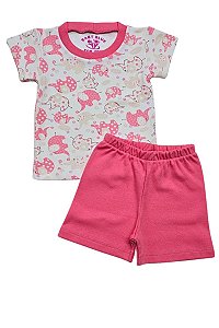 CONJUNTO - CAMISETA  ESTAMPADA ELEFANTINHO E SHORTS ROSA