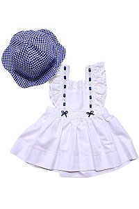 VESTIDO BEBÊ BRANCO COM CHAPÉU AZUL
