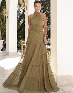 Vestido Longo Microtule Gio Verde Oliva