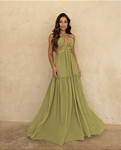 Vestido Longo Recorte Verde