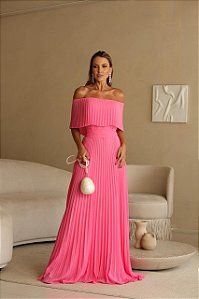 Vestido Longo Ombro a Ombro Plis Pink