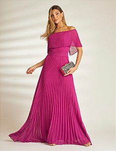 Vestido Longo Ombro a Ombro Plis Fucsia