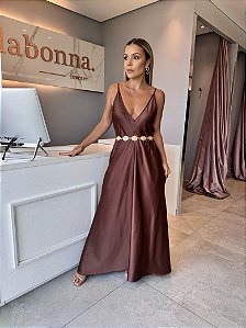 Vestido Longuete Cetim Helo Marrom