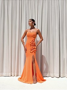 Vestido Longo Tomara que caia Flor Laranja