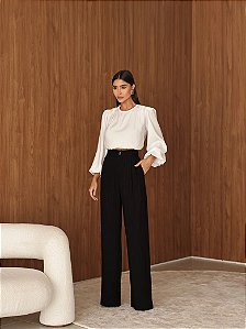 Calça Pantalona Risca De Giz Lele Preto