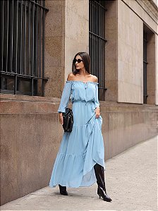 Vestido Longuete Ombro a Ombro Angela Azul