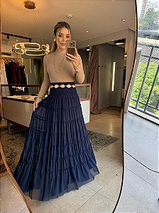 Saia Longa Microtule Azul Marinho