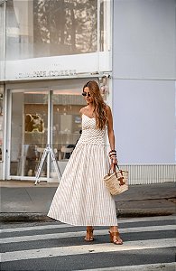 Vestido Longuete Drapeado Listras Areia