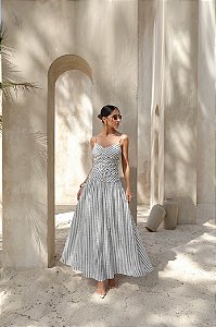 Vestido Longuete Drapeado Listras Preto