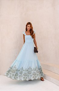 Vestido Longo Bordado Lery Azul