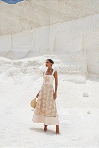 Vestido Longuete Renda Bordado Areia