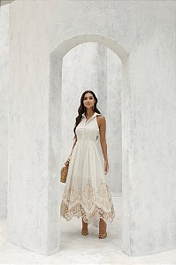 Vestido Longuete Renda Dunnas Areia