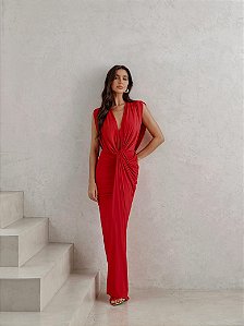Vestido Longo Drapeado Vermelho