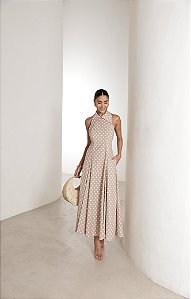 Vestido Longuete Frente Unica Polka Nude