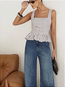 Blusa Peplum Listrada Marrom