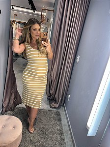 Vestido Midi Abertura Listras Camel